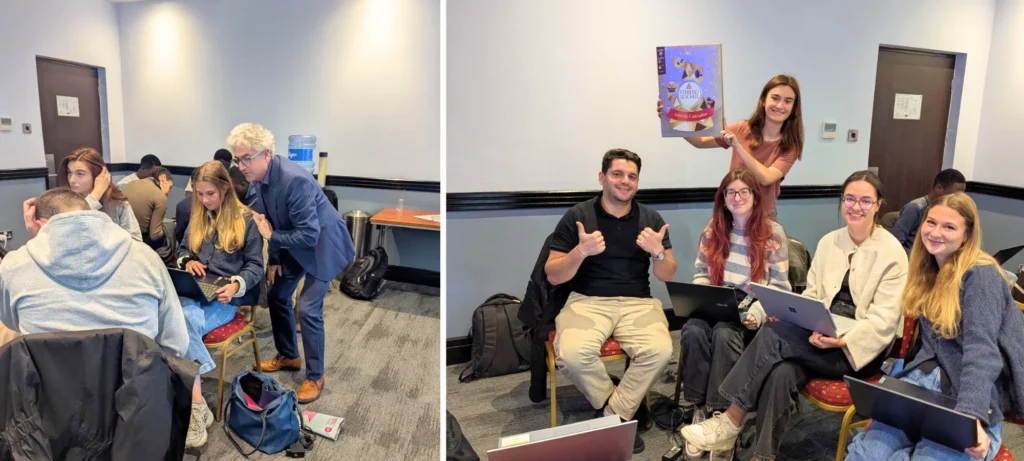 2 photos des étudiants entrain de travailler avec leur ordinateur sur les genoux
