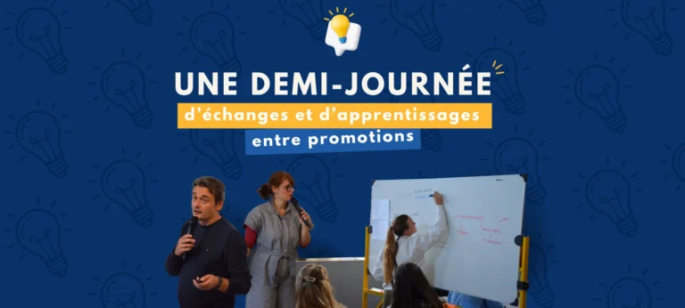 Bannière avec photo d'étudiants qui travaillent et intervenants + titre de l'article