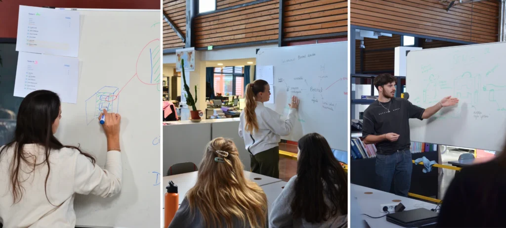 Photos d'étudiants qui travaillent sur un tableau blanc