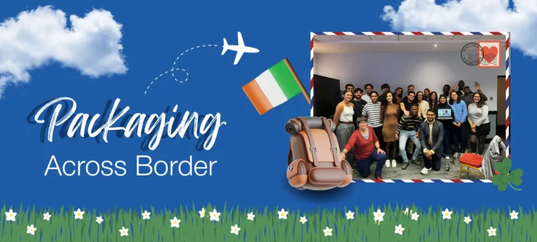Bandeau avec photo des étudiants et un texte "Packaging across border"