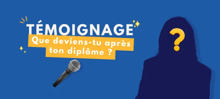 Bannière avec l'ombre d'une femme et le titre "Témoignage, que deviens-tu après ton diplôme ?"