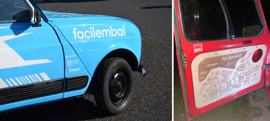 Photo de l'avant de la 4L bleue + photo de l'intérieur de la porte faite en carton 