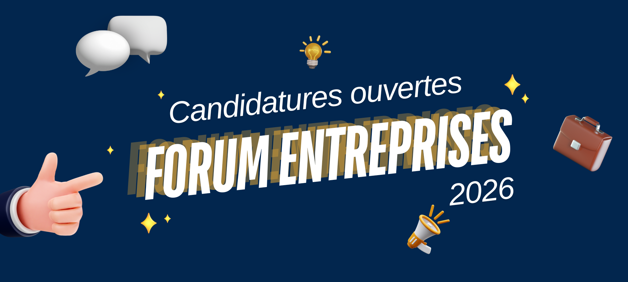 Bandeau avec des petits icons et le titre "candidatures ouvertes forum entreprises 2026"